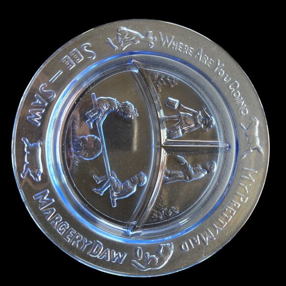 Vintage Nursery Rhyme Childs Plate See-Saw Margery Daw Design Collectible Blue - Picture 10 of 10